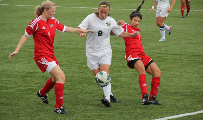 MSU Billings' Heidi Greenback (8), the Red Lion Offensive Player of the Week, scored in both of the Yellowjackets' games to help her team to four points last weekend.